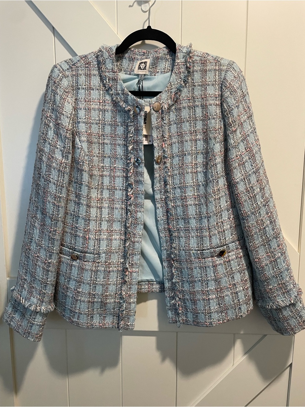 Anne Klein Light Blue Tweed Collarless Jacket